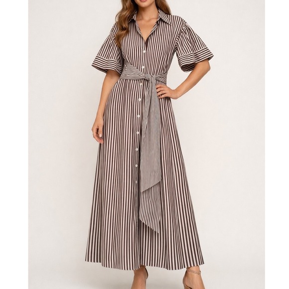 Luisa Spagnoli Striped Belted Maxi Shirt Dress IT Large US 8/10 Cotton Italy‎ - Picture 9 of 9